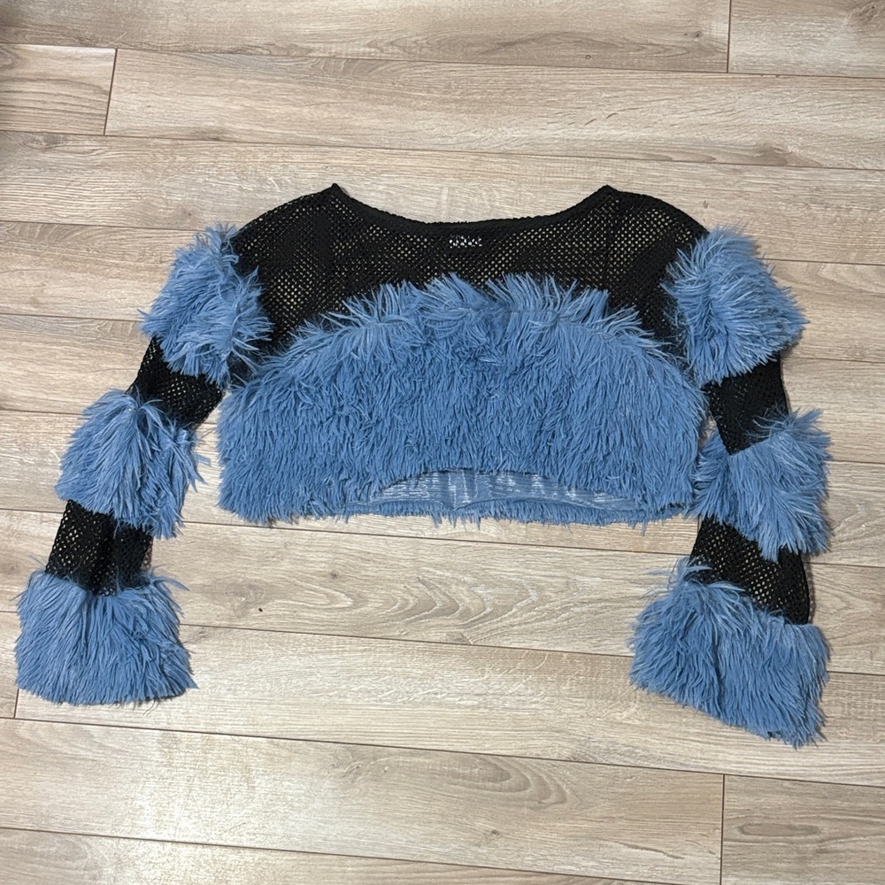 Blue and Black Mesh Furry Crop Top